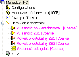 CAMWorks utworzy w drzewie Ustawienie toczenia i własności obróbcze. Pozycje te zostaną wyświetlone w drzewie.