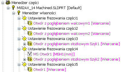 Pojawi się okno dialogowe zarządzania częściami. 2. Kliknij model Mill2AX_14 Machined w obszarze graficznym. Na liście Wybrane części pojawi się kliknięty komponent. 3. Kliknij OK. 4.