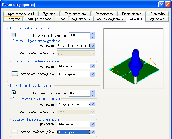 Część 3. Obróbka wieloosiowa 21. Przejdź na zakładkę Wejście/Wycofanie i ustaw parametry tak jak na rysunku obok.