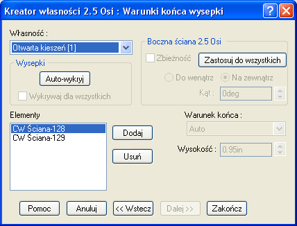 1. Kliknij prawym klawiszem myszy na Ustawieniu frezowania1, a następnie wybierz polecenie Wstaw własność 2.5 osi. 2. W oknie dialogowym Kreatora własności 2.5 osi: Def.