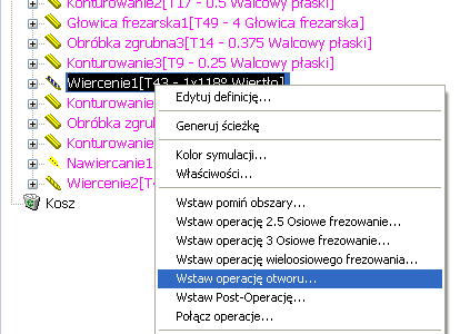 1. W Drzewie operacji kliknij prawym klawiszem myszy na pozycję Wiercenie 1 i wybierz polecenie Wstaw operację otworu. Pojawi się okno dialogowe wstawiania operacji otworu. 2.