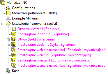 Moduł Automatycznego rozpoznawania własności analizuje model i wyodrębnia z niego geometrię do obróbki. Drzewo wyświetla wszystkie znalezione własności.