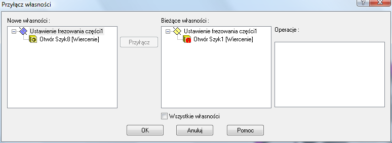 10. Kliknij przycisk Przyłącz. Po kliknięciu tego przycisku, pojawi się wiadomość o podmianie Grupy otworów 1, Grupą otworów 8, lub dodaniu tych grup otworów do siebie. 11.