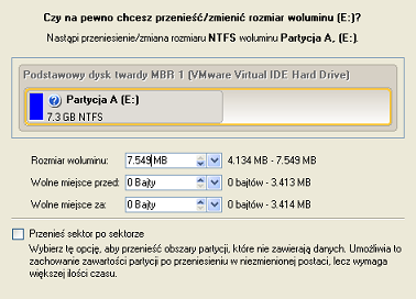 8. W otwartym oknie dialogowym przeciągnij granicę partycji rozszerzonej do prawej strony. 90 9. Blok wolnego miejsca został zwolniony. 10. Zwiększ rozmiar partycji systemowej.