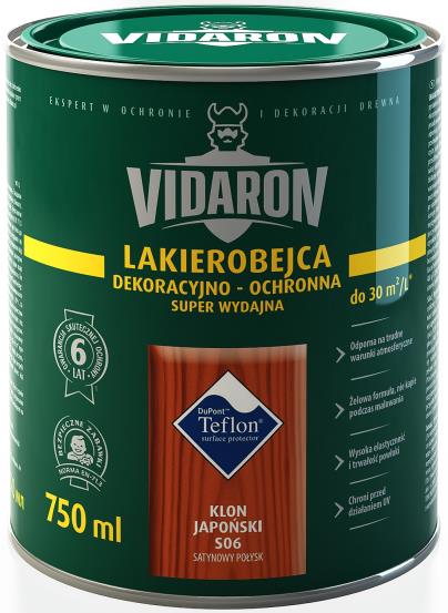 VIDARON LAKIEROBEJCA DEKORACYJNO-OCHRONNA SUPER WYDAJNA Zawiera Teflon surface protector 6 letnia gwarancja 1 Super wydajna do 30 m²/l Odporna na trudne warunki atmosferyczne Posiada atest