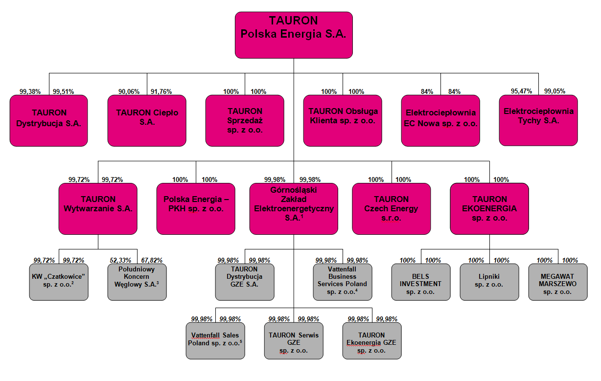 A. w kapitale zakładowym/głosach na WZ (ZW) 1 od dnia 16 kwietnia 2012 r. TAURON Polska Energia S.A. posiada 100% akcji spółki Górnośląski Zakład Elektroenergetyczny S.A. 2 TAURON Polska Energia S.A. użytkuje udziały będące własnością TAURON Wytwarzanie S.