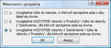 Kliknięcie przycisku Edytuj relacje na karcie Projektowanie daje możliwość ustawień relacji między tabelami Zamówienia i Produkty oraz relacji między tabelami Zamówienia i Klienci.