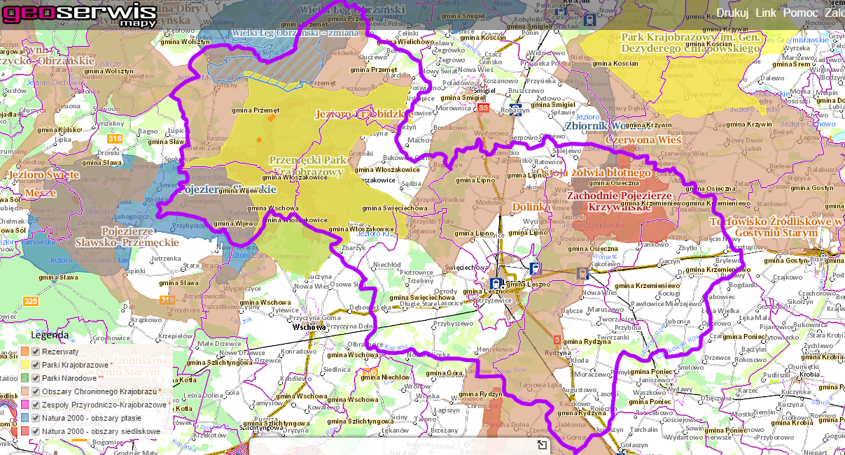 Rys.1.1.6.1. Obszary chronione na terenie OFAL. Źródło: http://geoserwis.gdos.gov.pl/mapy/ Na terenie Aglomeracji Leszczyńskiej znajduje się sześć rezerwatów przyrody o łącznej powierzchni 314,54 ha.