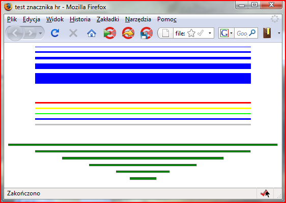 Zadanie 4: linie poziome Należy przy pomocy poznanych poleceń języka XHTML odtworzyć stronę WWW pokazaną na ilustracji. VI.