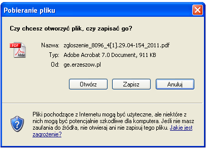 Po kliknięciu w Skrót do pobrania materiałów pojawia się okno: zaleca się zapisanie pliku na dysku komputera.