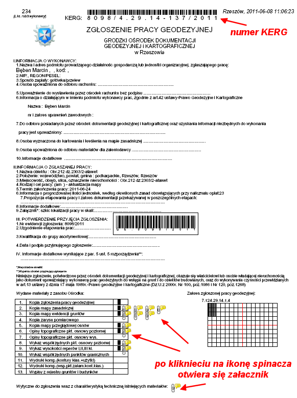 Rys. 8 Widok zarejestrowanego zgłoszenia, oraz sposób otwierania załączników. Załączone do pliku dokumenty (mapy, wykazy współrzędnych etc.