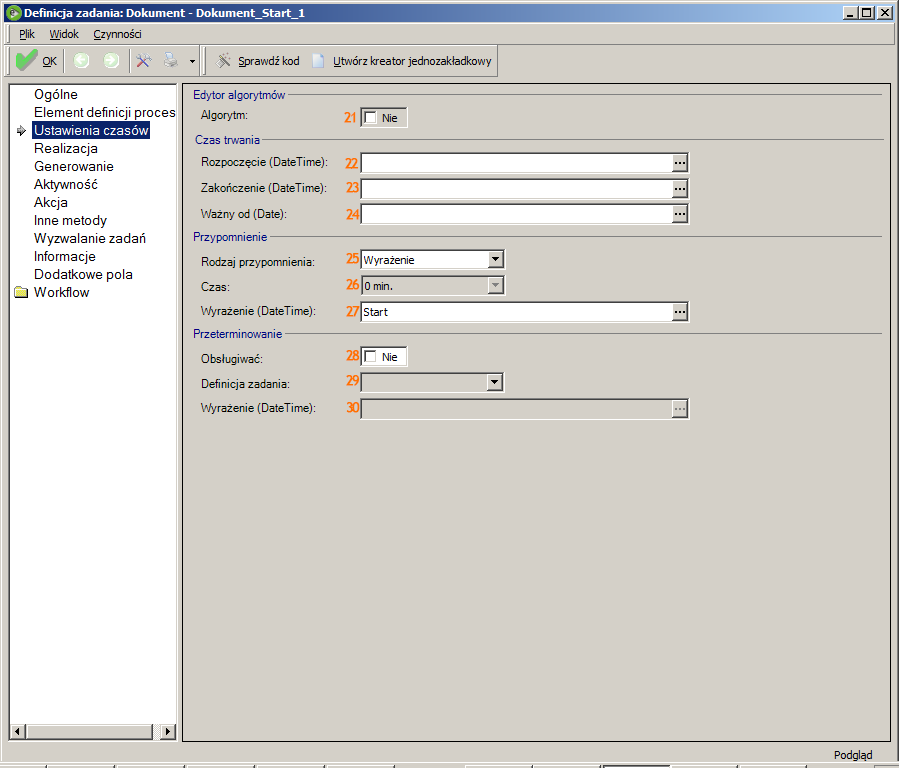 Formularz Ustawienia czasów. 21. Algorytm Pole tylko do odczytu Powiązane z polem Algorytm (20). 22. Rozpoczęcie Wartość zainicjuje pole DataOd na zadaniu.