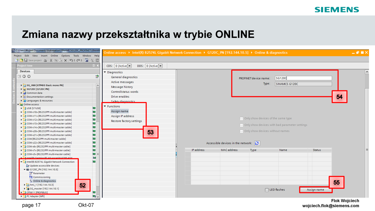 Kolejne slajdy przedstawiają sposób zmian adresu IP oraz nazw urządzeń podłączonych w trybie online do stacji PG/PC.