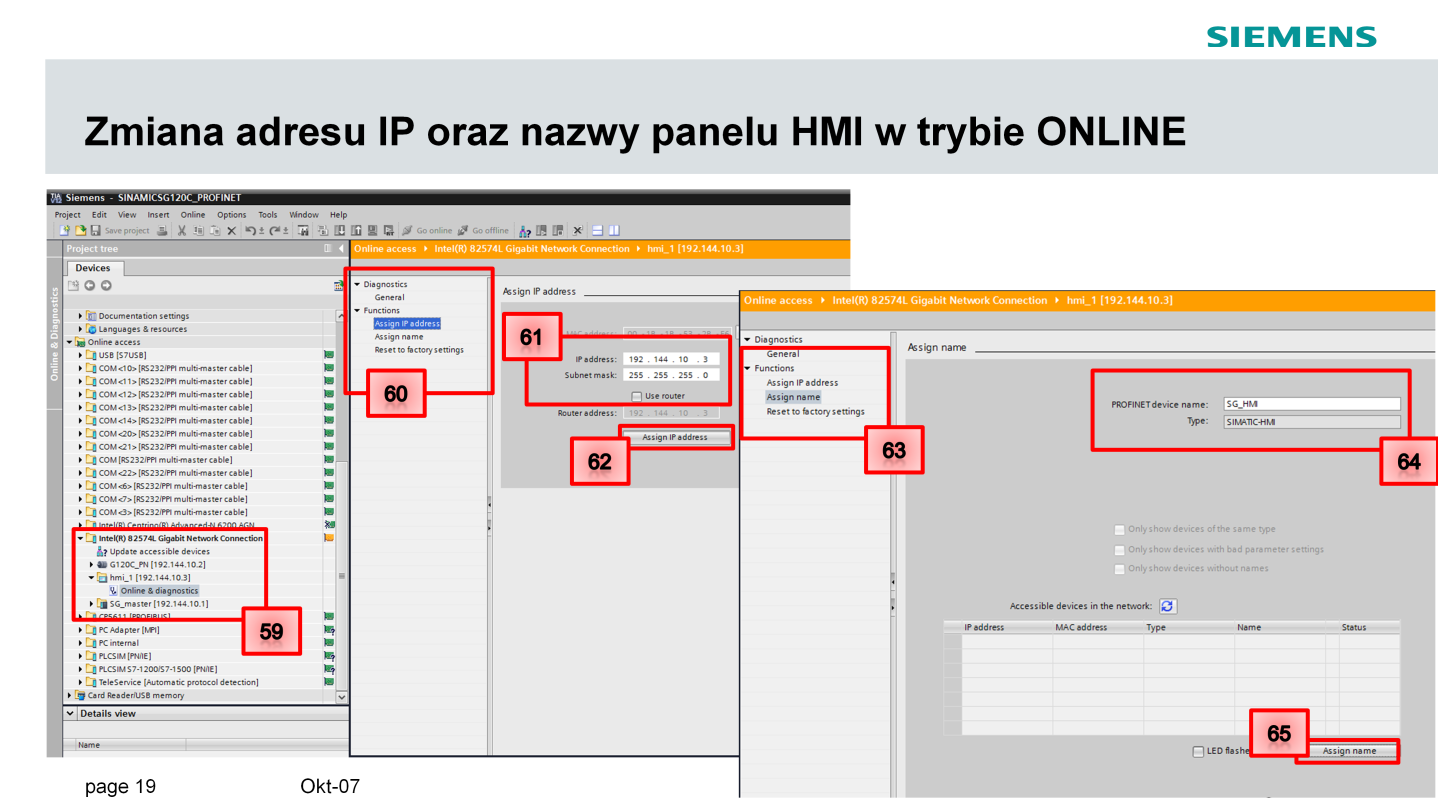 Analogicznie postępujemy z pozostałymi urządzeniami: Panel HMI: (59) wskazujemy panel HMI (60) zmiana adresu IP (61) wprowadzamy nowy adres