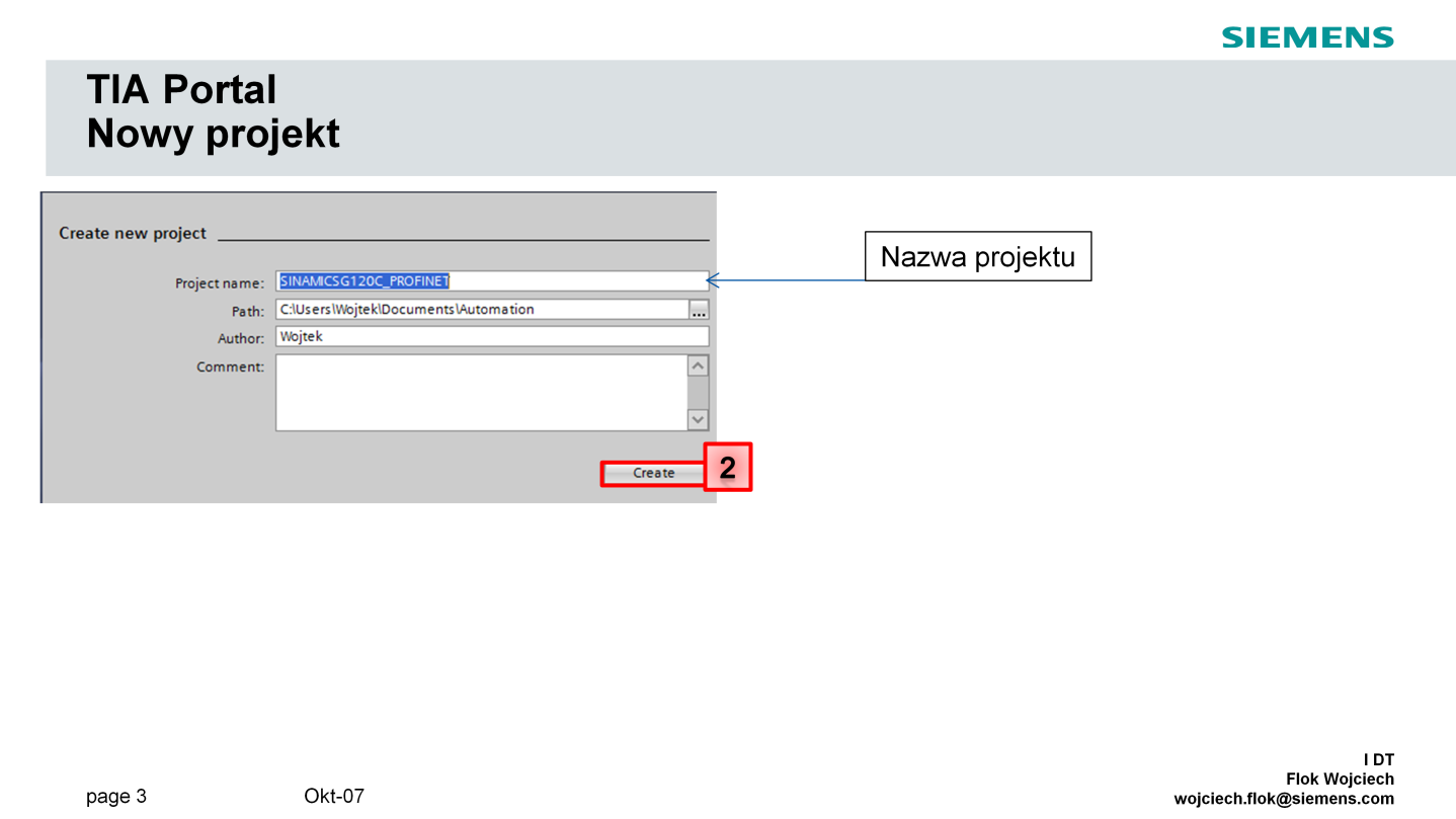 W wyświetlonym oknie wprowadzamy nazwę projektu SINAMICS