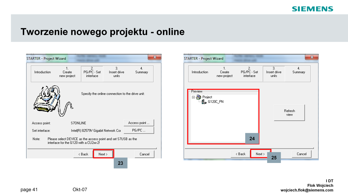 Po przeprowadzeniu właściwej konfiguracji interfejsu PG/PC klikamy w przycisk Next (23).