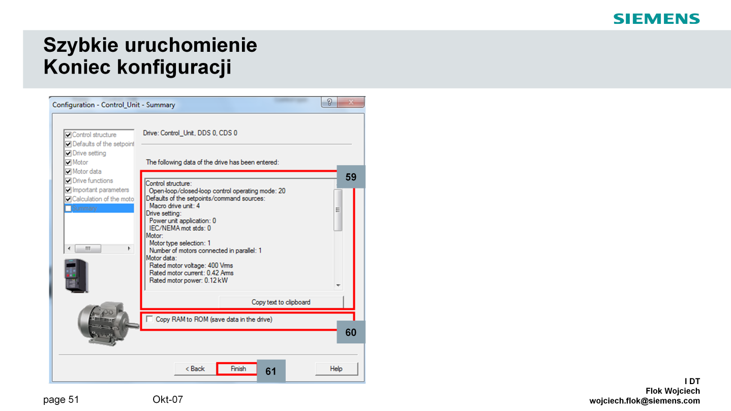 Na zakończenie konfiguracji prezentowane są zbiorcze informacje wprowadzonych nastaw (59). Informacje te mogą zostać skopiowane do pliku tekstowego za pomocą przycisku Copy text to clipboard.