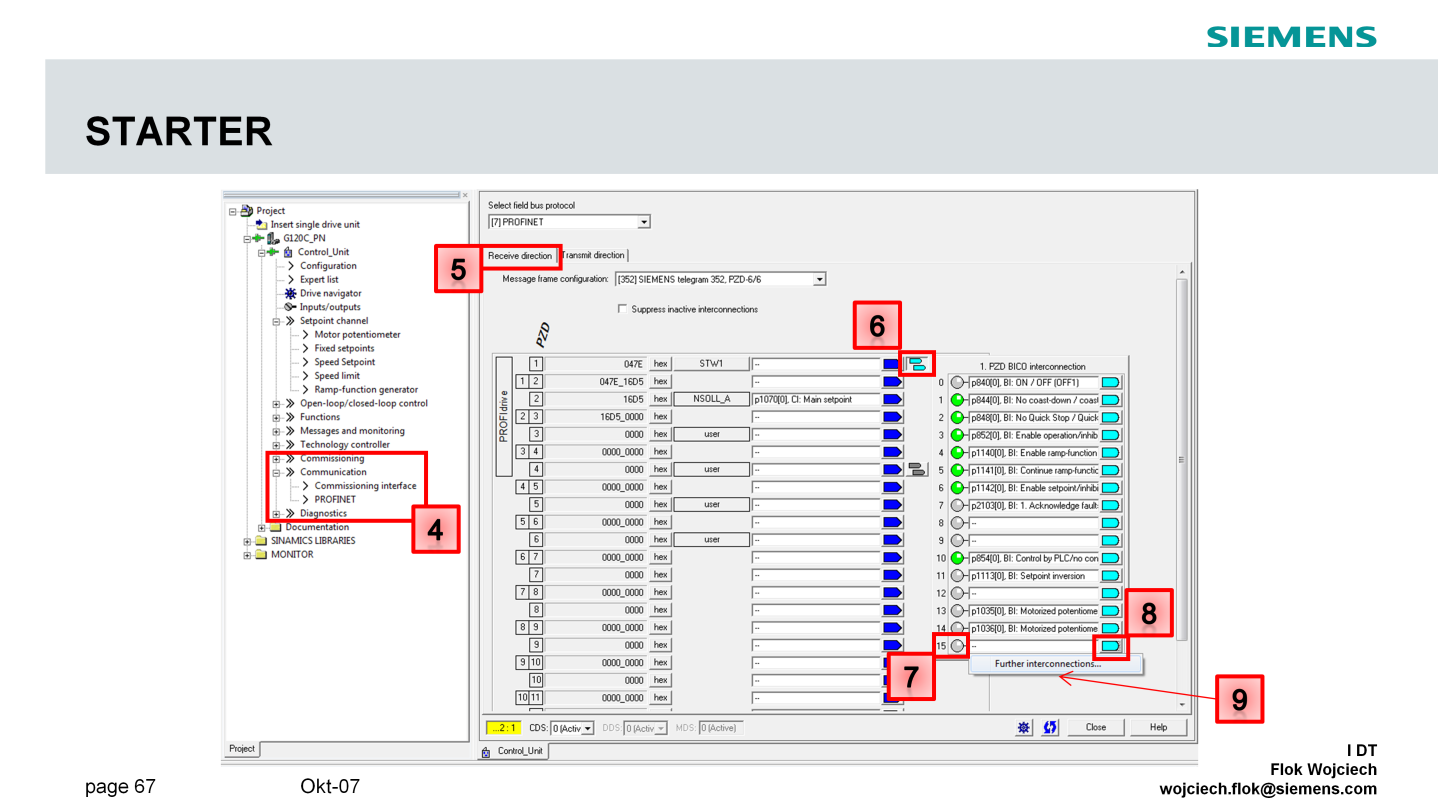 W drzewie projektu STARTER wybieramy polecenie Communication PROFINET (4) W widoku telegramu otrzymywanego z PLC (5) zaznaczamy bitową reprezentację sygnałów nadawanych z PLC (6).