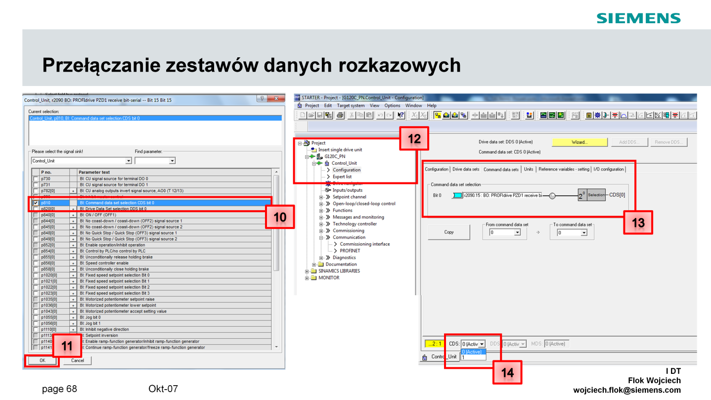 Funkcja zmiany zestawów danych rozkazowych reprezentowana jest przez parametr P810.