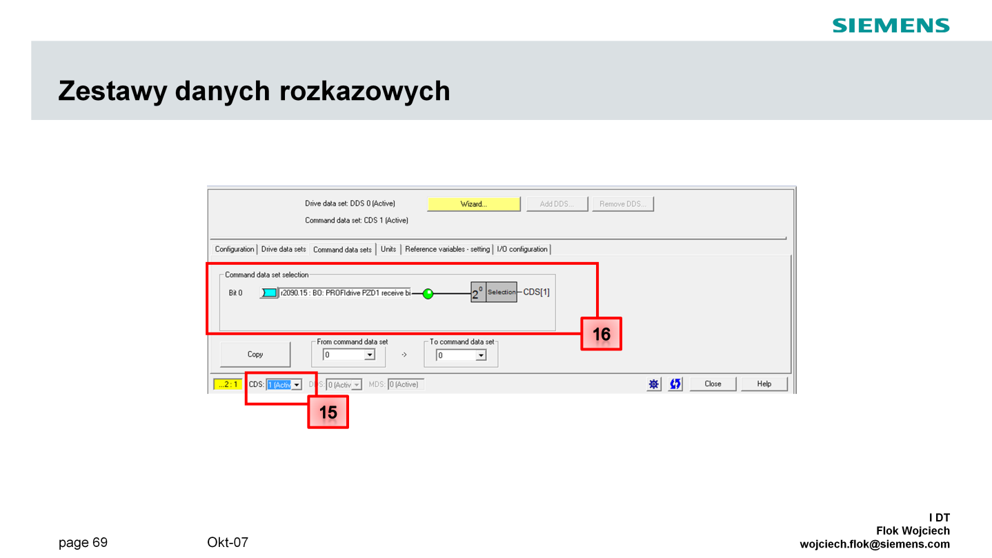 W celu dokonania konfiguracji parametrów drugiego zestawu danych rozkazowych należy aktywować widok modyfikowanego zestawu parametrów (15) oraz w celu uniknięcia pomyłki