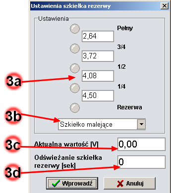 3. Rodzaj szkiełka rezerwy Do wyboru są następujące typy sensorów rezerwy: - czujnik 90 OHm - czujnik 20 kohm - czujnik 50 kohm - czujnik rosnący i malejący - czujnik do CNG (manometr) Dodatkowo