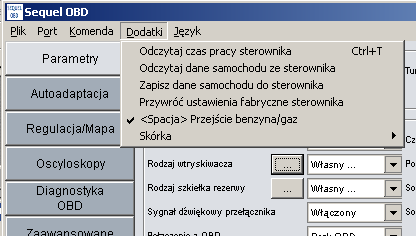 Komendy Widok menu komend 1. Zmiana zasilania po wybraniu opcji benzyna/automat/lpg (trzy pierwsze punkty menu). Zmiany zasilania można też dokonywać naciskając spację. 2. Odczyt błędów sterownika.