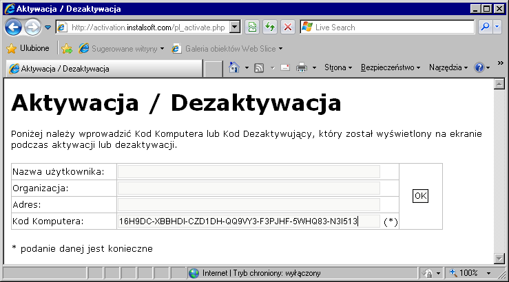 Aktywacja 3. Uruchamiamy przeglądarkę internetową i otwieramy stronę: http://www.instalsoft.com.pl/auth/pl_activate.