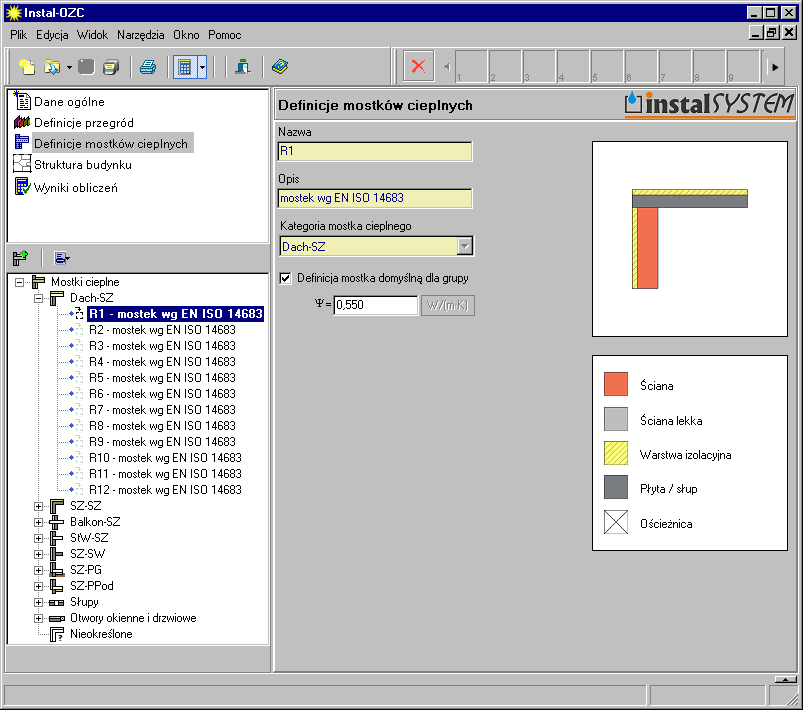 8. Przechodzimy na pozycję Definicje mostków cieplnych. W lewym dolnym oknie znajdują się grupy mostków cieplnych.