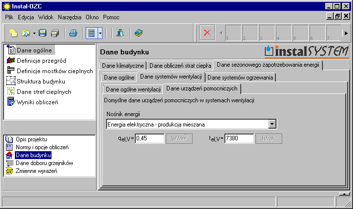 Lekcja 2: Instal-OZC 4 3. Następnie przechodzimy na zakładkę Dane systemów wentylacji w Danych sezonowego zapotrzebowania energii.