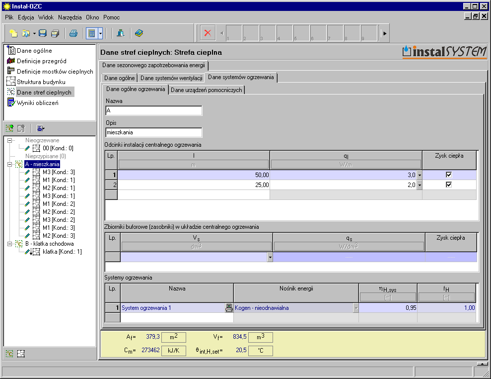 Lekcja 2: Instal-OZC 4 5. Na zakładce Dane systemów ogrzewania należy uzupełnić dane odcinków instalacji centralnego ogrzewania oraz zasobników buforowych.