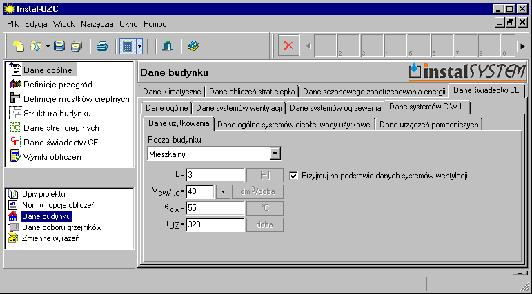 Lekcja 2: Instal-OZC 4 4. Przechodzimy na zakładkę Dane systemów C.W.U w Danych świadectw CE.