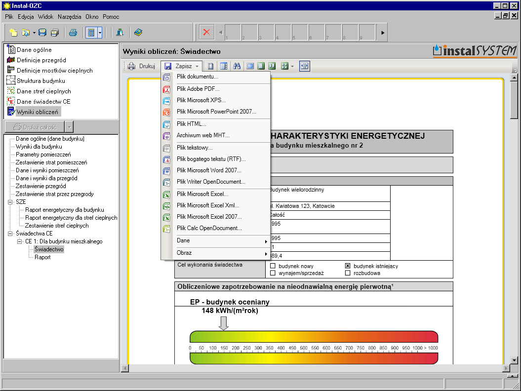 Lekcja 2: Instal-OZC 4 5. Na wynikach CE prezentowanych w programie możliwe są następujące operacje: Zmiana parametrów strony w raporcie.