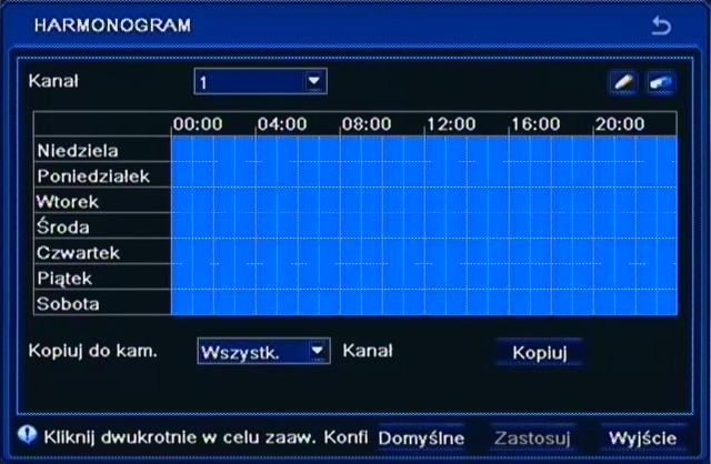 KONFIGURACJA REJESTRATORA 5.1.5.2.2. Harmonogram Po wybraniu z menu RUCH pozycji HARMONOGRAM pojawi się poniższy ekran.