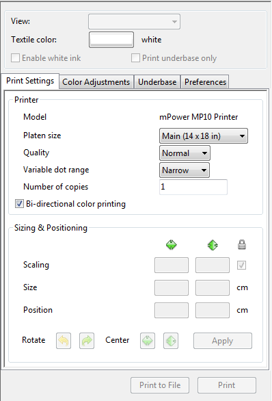 Zakładka Print Settings Platen Size Możliwość wyboru wyglądu i rozmiaru pola roboczego programu odpowiednio do zastosowanego podajnika.