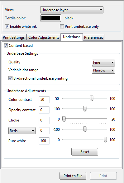 Zakładka Underbase W zakładce tej zgrupowane są funkcje mające wpływ na sposób drukowania białego koloru. Content based Jeżeli funkcja jest zaznaczona, to biały podkład jest cieniowany.