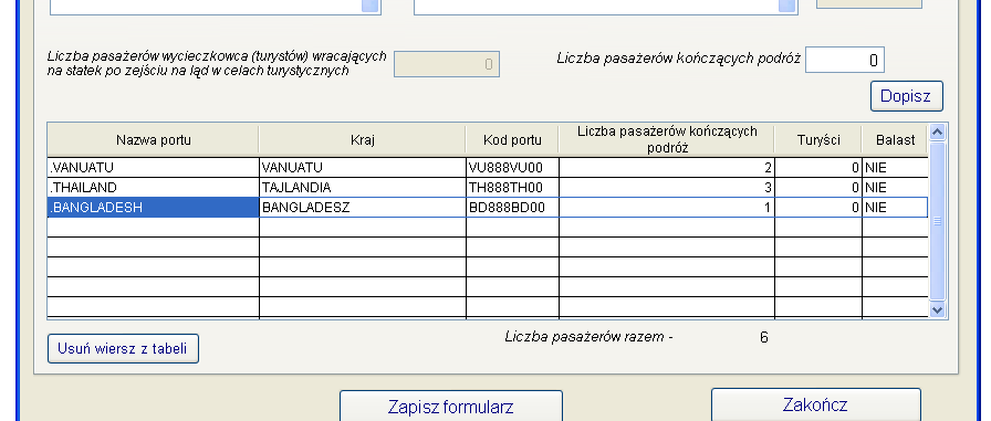 Jeżeli podana informacja nie wygeneruje błędu (np. liczba wejść pod balastem będzie większa niż wartość ze strony 1) dane zostaną dopisane do tabelki znajdującej się w dolnej części ekranu.