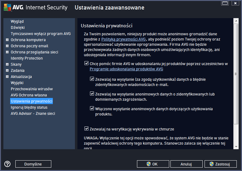 W tym oknie dostępne są następują ce opcje: Chcę pomóc firmie AVG w udoskonalaniu jej produktów poprzez uczestniczenie w Programie udoskonalania produktów (domyślnie włą czone) jeśli chcesz pomóc nam