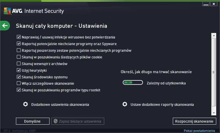 Na liście parametrów skanowania można włą czyć/wyłą czyćokreślone parametry w zależności od potrzeb: Naprawiaj / usuwaj infekcje wirusowe bez potwierdzania (opcja domyślnie włą czona) jeżeli podczas