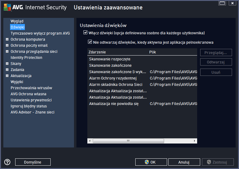 9.2. Dźwięki W oknie dialogowym Ustawienia dźwięków można określić, czy oprogramowanie AVG Internet Security 2014 ma informowaćo określonych czynnościach za pomocą dźwięków: Ustawienia obowią zują