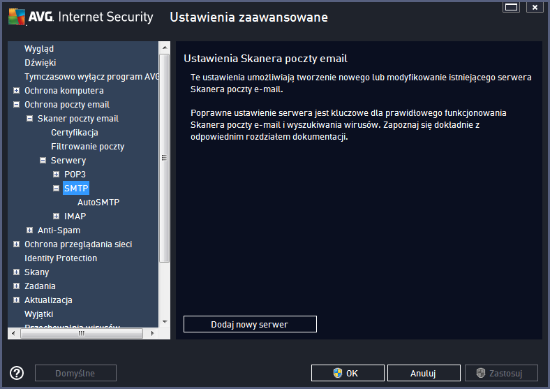W tym oknie dialogowym można zdefiniowaćna potrzeby Skanera poczty Email nowy serwer poczty przychodzą cej,