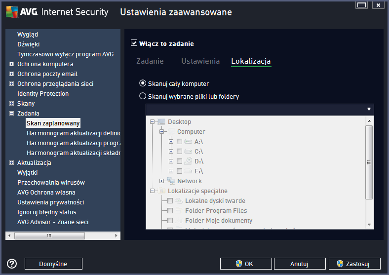 Na karcie Lokalizacja można określić, czy planowane jest skanowanie całego komputera, czy skanowanie określonych plików lub folderów.