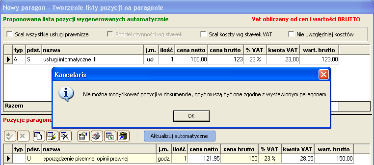 W kolejnych krokach, tak jak przy wystawianiu faktury VAT wybieramy klienta i zlecenie, możemy podać czynności, które zostaną objęte danym dokumentem.