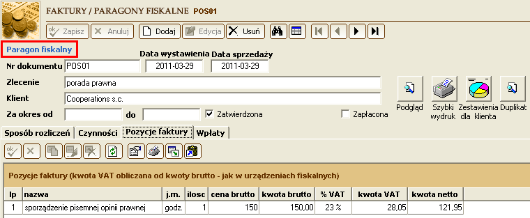 10.6.2. Edycja Paragon - dokument ma od razu status Zatwierdzony, ponieważ nie powinien on być edytowany. Po 10.6.3.