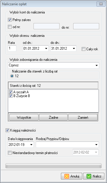Opis programu 13 4.2.5 Naliczanie należności Okno służy do grupowego naliczania czynszu. Zaznaczamy odpowiednie pole czy chcemy wykonać naliczenie dla całego zakresu kont czy określonego zakresu kont.