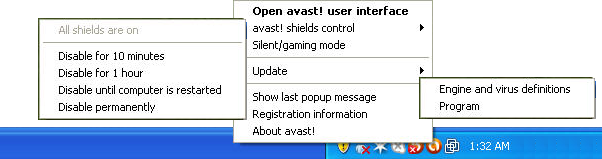 Ikona avast! w polu systemowym Za pomocą pomarańczowej ikony programu avast! umieszczonej w polu systemowym można uzyskać dostęp do szeregu funkcji bez otwierania głównego interfejsu użytkownika.