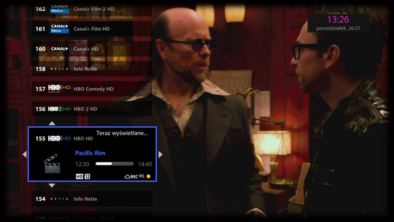 2. Ponowne odtwarzanie ze spisu kanałów Podczas przeglądania spisu kanałów powyższe informacje będą wyświetlane przy aktualnych audycjach sygnalizując, że program można oglądać w trybie historii lub