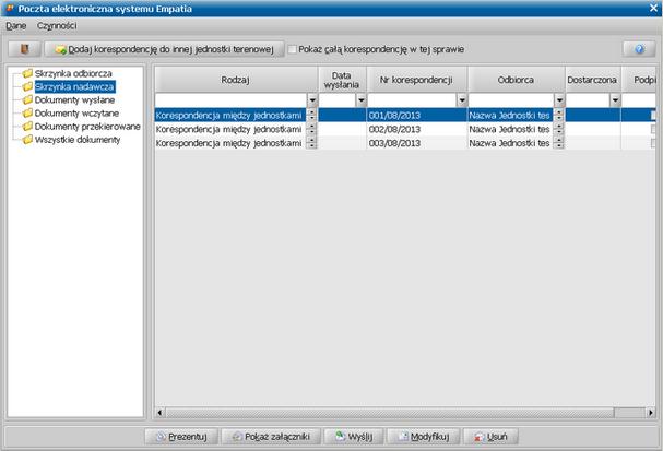 W celu wysłania nowej korespondencji do innych jednostek terenowych, wybieramy przycisk, wówczas pojawi się okno "Korespondencja".