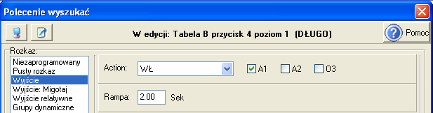 WYJŚCIE 2: Podwójny wyłącznik (przy 15%) Wyjaśnienia do listingu programu: Rysunek 4. Tabela B -> przycisk 4 -> Cel 1 -> Długo -> Wyjście Rysunek 5.