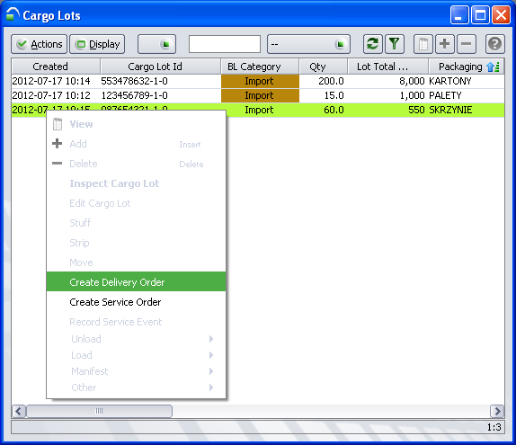 Import Krok 4 Po rozformowaniu kontenera na magazyn, w systemie na podstawie numeru konosamentu zostanie stworzony ładunek drobnicowy Cargo Lot.