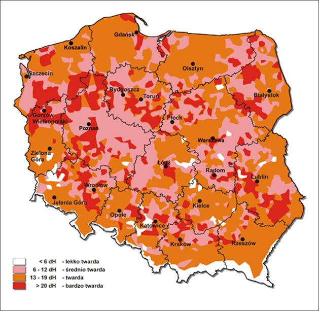 Twardość wody w Polsce Średnia twardość dla Polski: 18 dh 1 dh = 10 mg CaCO 3 w 1 litrze wody (skala niemiecka) Mapka